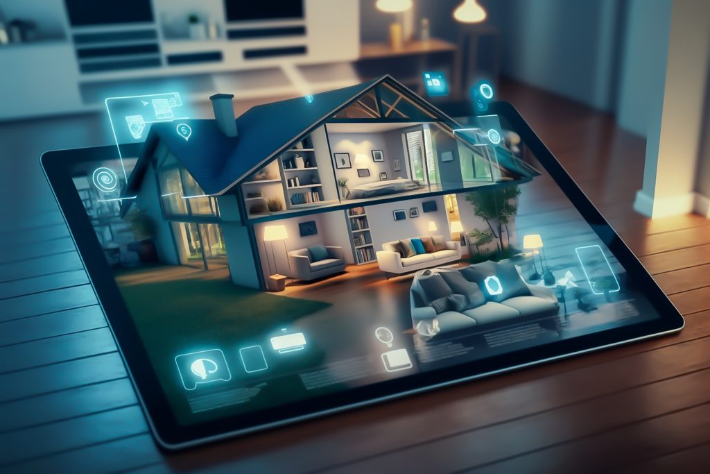 Grafik eines Smart Homes, das aus einem Tablet herausragt, mit digitalen Symbolen für vernetzte Technologien.