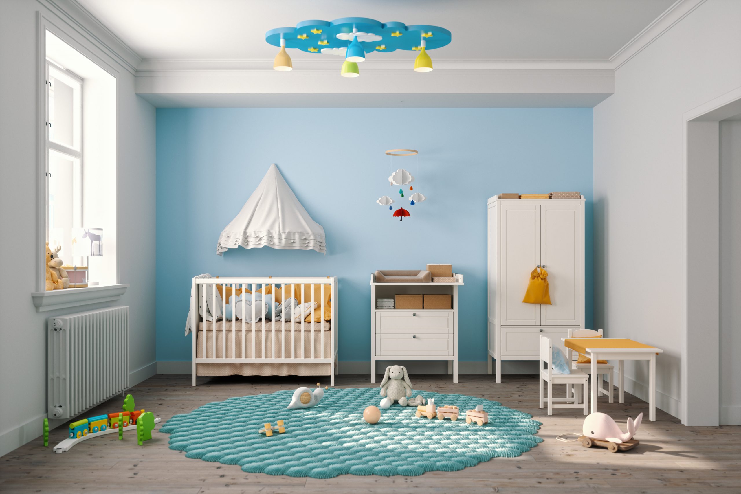 Babyschlafzimmer in hellblauen Farben